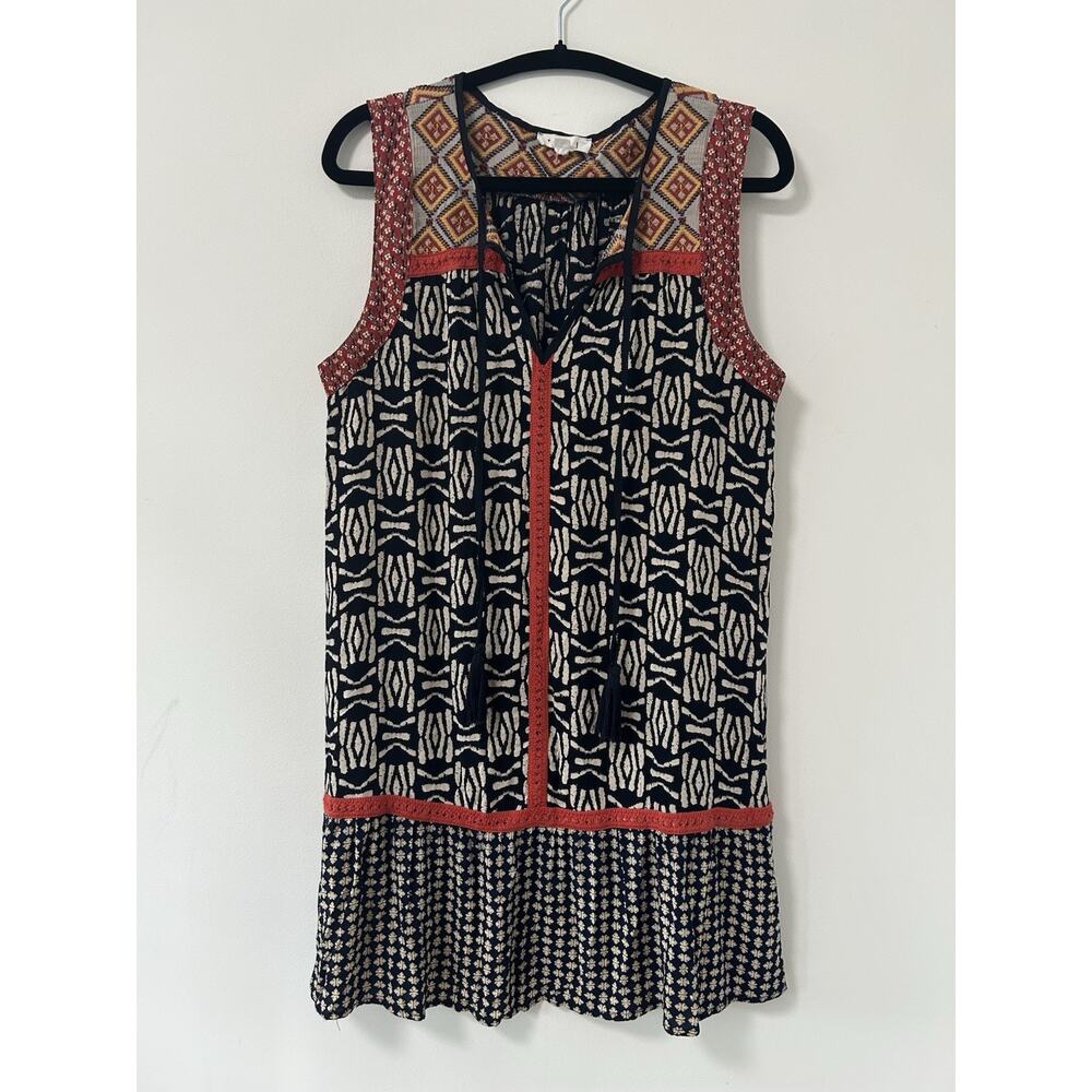 THML Tribal Aztec Print V Neck Mini Dress Sz M Cotton Ruffle Embroidered Pockets